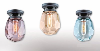 神通照明》E27燈座*1單燈吸頂燈，直徑15公分，鐵材烤黑漆+石頭造型玻璃燈罩：葡萄紫色、香檳金色、水藍色可裝LED燈泡