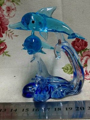 龍廬-自藏出清~手工玻璃工藝品-琉璃 藍色 海豚情侶對擺設/只有一組