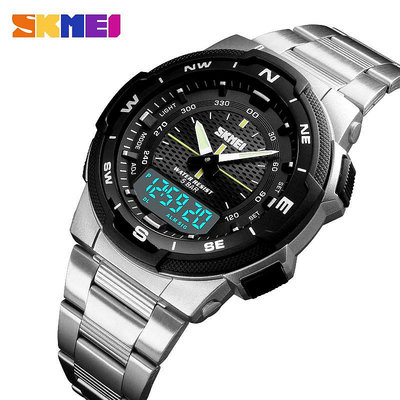 時刻美 SKMEI LED電子手錶 50M防水 雙顯手錶 鋼帶男錶 運動數字夜光手錶 腕錶 1370