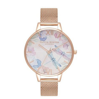 【高雄時光鐘錶】 Olivia Burton OB16PP83 花繪系列 玫瑰金殼 彩繪蜻蜓 嫣粉皮帶 腕錶