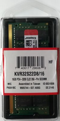 【台中自取】(有現貨)金士頓筆電記憶體KINGSTON DDR4 3200 16GB KVR32S22D8/16