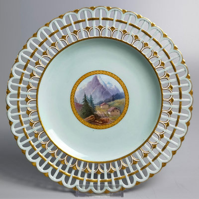 Minton明頓鎏金鏤空手繪風景盤