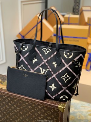 二手Louis Vuitton LV 2022春季系列刺繡壓紋牛皮Neverfull購物袋M46040