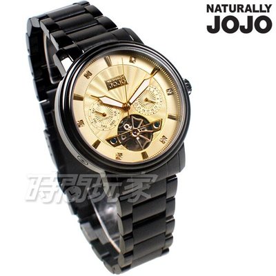 NATURALLY JOJO 新潮時尚 JO96982-13K 三眼錶 機械錶 藍寶石水晶女錶 防水手錶 黑x