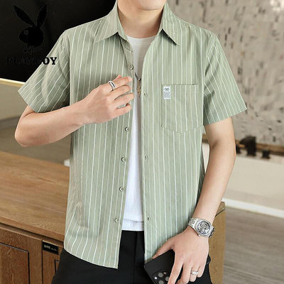 男士短袖襯衫夏季新款條紋純棉高級感襯衣修身上衣潮
