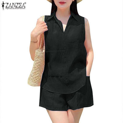 Zanzea 女士時尚休閒領無袖上衣 鬆緊腰短褲套裝