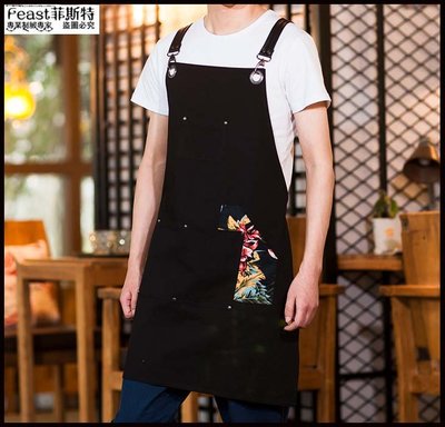 【Feast-菲斯特】-韓版個性時尚潮流牛仔圍裙 拼花牛皮扣咖啡廳茶飲工作服圍裙AW11