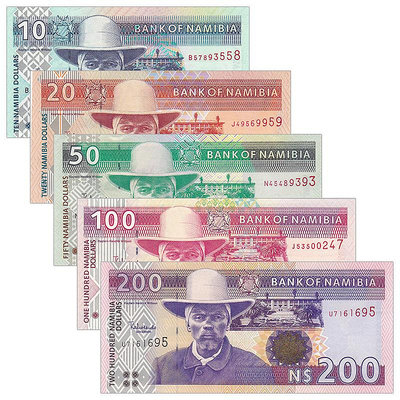 P4,6,8-10。全新UNC 納米比亞5枚/張(10,20,50,100,200元)大全套 紀念幣 紀念鈔