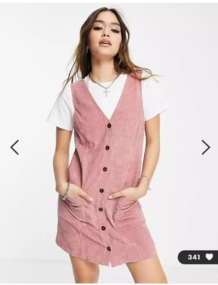 (嫻嫻屋) 英國ASOS-Reclaimed Vintage優雅時尚粉色燈芯絨V領無袖口袋洋裝 PG22