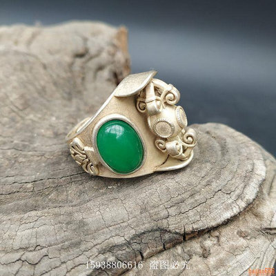 古玩銅器古董雜項收藏仿古銅鍍銀鑲嵌綠瑪瑙金剛杵手飾戒指指環