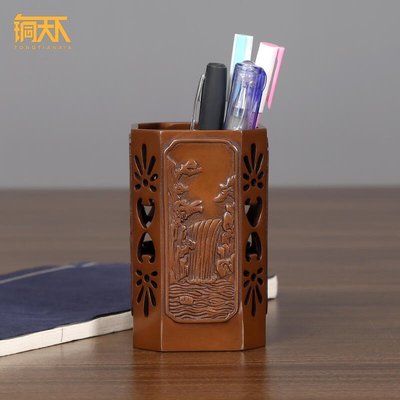 現貨熱銷-紫銅筆筒擺件復古中國風創意時尚書房辦公室老板桌面裝飾品禮品YP1073