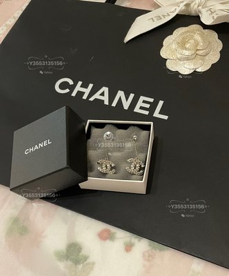 時尚萬歲 Chanel超美銀色大水鑽經典logo垂吊耳環 特價