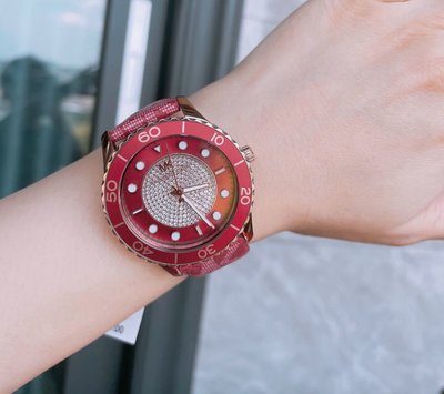 MICHAEL KORS 鑲晶鑽 紅色面錶盤 酒紅色皮革錶帶 石英 女士手錶 MK7179