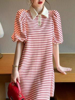 🌸Angela🌸條紋寬鬆泡泡袖短袖連衣裙polo領氣質夏季顯瘦優雅短裙(0516)