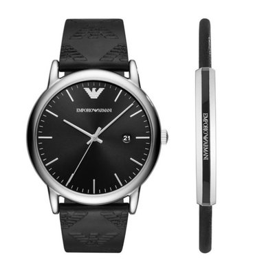 [永達利鐘錶 ] Emporio Armani 銀殼 簡約黑面 日期皮帶錶 手環禮盒組 AR80012/ 43mm