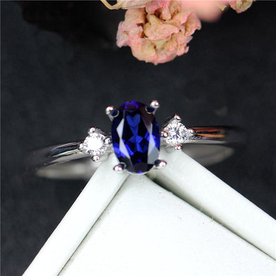 戒指50分皇家藍寶石女戒指細時尚純銀正韓飾品帶鑽不掉色活口指環