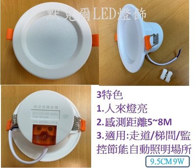 LED 9W微波感應崁燈9.5CM崁燈   (附快速接頭)