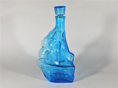 [銀九藝] 早期 長~24公分 藍色玻璃 帆船酒瓶 花瓶