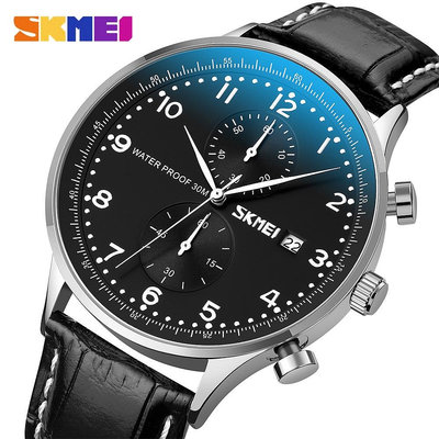 Skmei 9301 品牌男士手錶皮革錶帶時尚休閒石英手錶軍用男防水手錶
