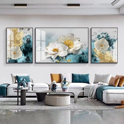 現代簡約客廳三聯畫沙發背景墻裝飾畫牡丹花高級質感輕奢掛畫壁畫