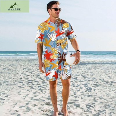 K2CKWD高品質2023夏季 男服裝套裝沙灘數位印花沙灘褲襯衫內層網布沙灘褲男【嶼山男裝】