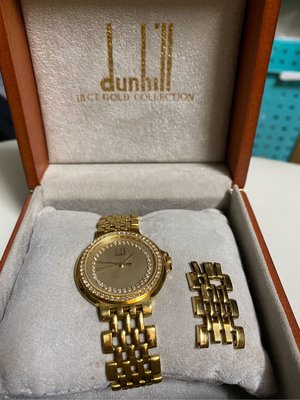 Dunhill 豋喜路 全18K黃金 石英錶 QZ 兩圈原裝碎鑽 錶徑約32mm 男女皆宜