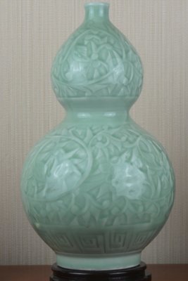 陶瓷雕刻藝術花瓶 青瓷浮雕葫蘆造型花瓶陶藝品手工陶瓷瓶 簡約插花花器招福擺飾陶瓷花瓶禮物居家裝飾瓶