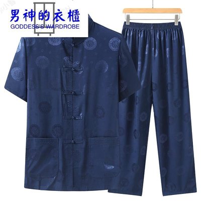 新款夏季中老年唐装男士短袖大码套装爸爸装中国风中式居士服两件-男神的衣櫃