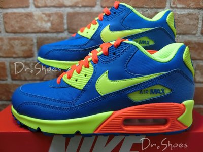 【Dr.Shoes 】Nike Air MAX 90 GS 藍螢光綠橘 女鞋大童 氣墊慢跑鞋 307793-410