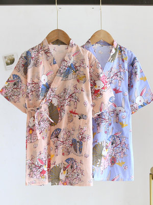 和服睡衣 日式睡衣 夏季純棉兒童睡袍系帶雙層紗布和服浴袍男女童空調服中袖薄款漢服