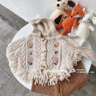 韓國童裝 韓版童裝女童連帽外套秋冬洋氣花朵刺繡寶寶時髦長袖針織毛衣大童