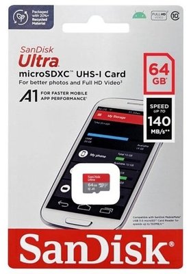 Sandisk Ultra microSDXC 64GB 記憶卡〔無轉卡〕TF 64G UHS-I A1 C10 140MB/s 公司貨 SDSQUAB