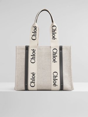 【翰貝格名牌館】全新真品 Chloé 爆款 字母 Woody Tote Bag 帆布 購物包 托特包 中型 深藍色