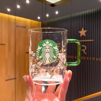 【熱賣精選】韓國星巴克2020新款綠色把手梨花玻璃杯大容量咖啡杯牛奶杯喝水杯