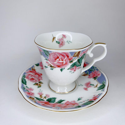 日瓷HOYA豪雅玫瑰花卉骨瓷高腳咖啡杯