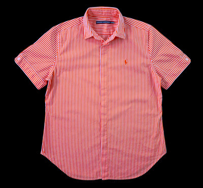 Polo Ralph Lauren 橙/白條紋 棉質 短袖襯衫 (L) (一元起標 無底價)