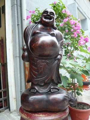 【紅蓮賞翫】老收藏  鐵力木雕  彌勒財神菩薩  重:12.4kg (58cmx30cmx22cm)