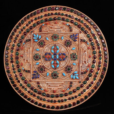西藏寺院收老藏銀純手工打造鑲嵌寶石十字多杰壇城 可掛家墻鎮宅辟邪利器 重1316克901