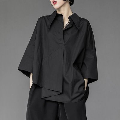 聯名好物-夏季慵懶風寬鬆短袖黑色襯衫女設計感小眾不規則七分袖bf襯衫上衣-全域代購