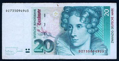 德國紙幣 1993年版 20馬克（植物學家 許塞爾）7.5成左右品相！ 紙幣 紀念鈔 紙鈔【悠然居】497