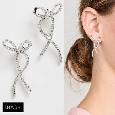 SHASHI 紐約品牌 Caroline 立體蝴蝶結耳環 鑲鑽銀色垂墜式耳環
