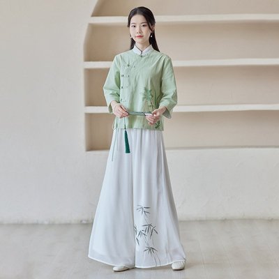 快速到貨 夏季新款中國風女裝中式復古盤扣手繪印花改良唐裝禪茶服套裝