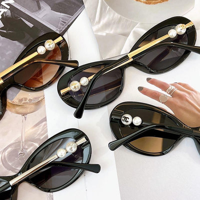 Chanel 香奈兒 雙珍珠太美！！小圓黑色墨鏡 太陽眼鏡 高顏值防紫外線 高級貓眼 很修飾臉型 漂亮❤️