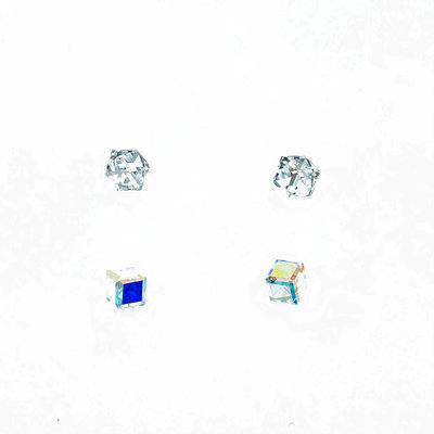 韓國 925純銀 水鑽 小方塊 折射 雙色 耳針式耳環