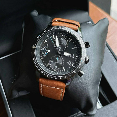 HUGO BOSS Pilot Edition 黑色錶盤 棕色皮革錶帶 石英 三眼計時 男士手錶 1513851