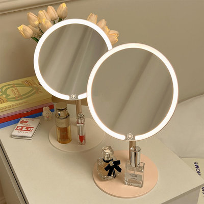 led化妝鏡帶燈網紅風圓形台式桌面宿舍發光補光燈鏡子便攜梳妝鏡