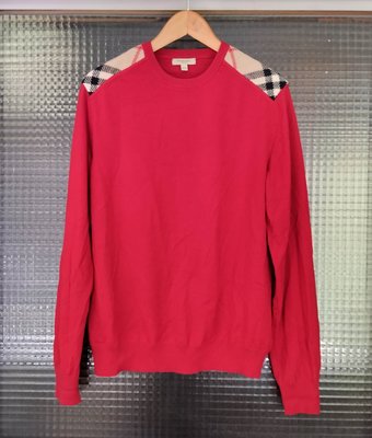 英國品牌 Burberry London 暖紅色經典格紋羊毛圓領長袖毛衣上衣（男）