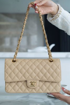 二手Chanel CF25 Classic flap bag A01112杏色金扣