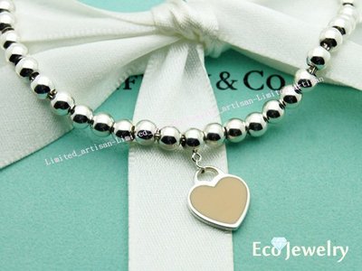 《Eco-jewelry》【Tiffany&amp;Co】經典款 細銀珠粉紅砝瑯愛心牌手鍊 純銀925手鍊~專櫃真品已送洗