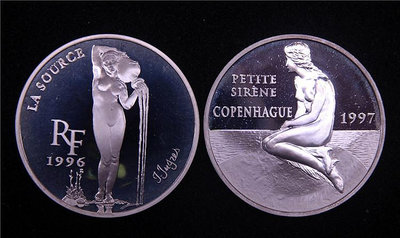 法國精制銀幣一對 1997美人魚100法郎15歐元+1996泉10法郎1.5歐元